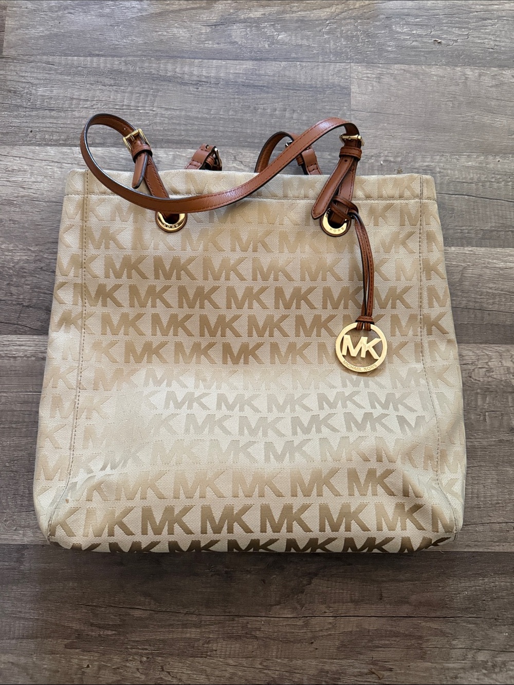 Michael Kors Beige MK Signature Tote with Brown Leather Straps
